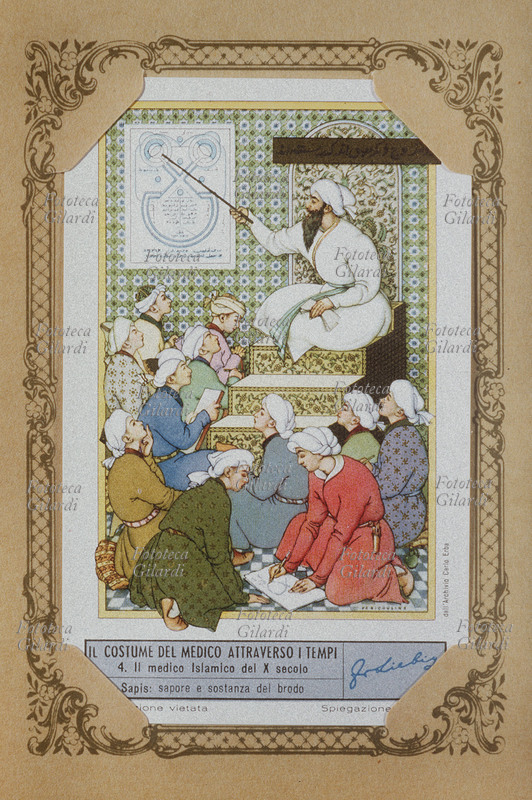MEDICINA Medico islamico del X secolo. Figurina Liebig. Il maestro durante una lezione di medicina attorniato dai suoi discepoli. Cromolitografia, XIX secolo