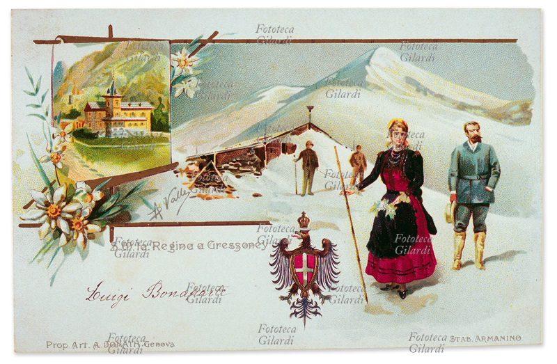 Margherita di SAVOIA (ramo di Genova, 18511926) la regina, moglie di Umberto I, in vacanza a Gressoney Preziosa cartolina cromolitografica illustrata da A. Valle. Genova, 1890 circa.