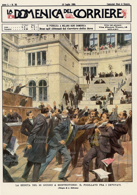 GOVERNO PELLOUX "La seduta del 30 giugno a Montecitorio: il pugillato fra i deputati". Zuffa tra deputati mentre si discutono le leggi Pelloux. Disegno di Achille Beltrame (19 marzo 1871 – 19 febbraio 1945) per la copertina de "La Domenica del Corriere". Milano, 16 luglio 1899