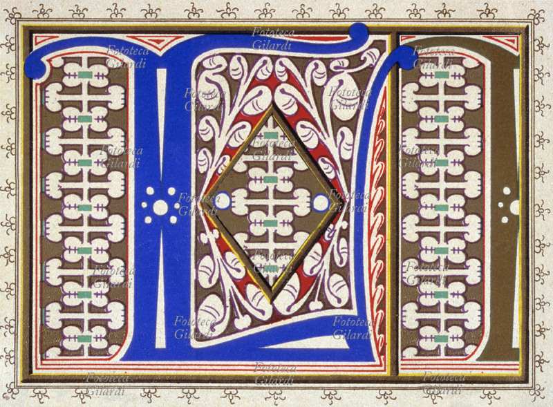 CAPOLETTERA L con grafia in stile di miniatura medievale Cromolitografia, 1903.