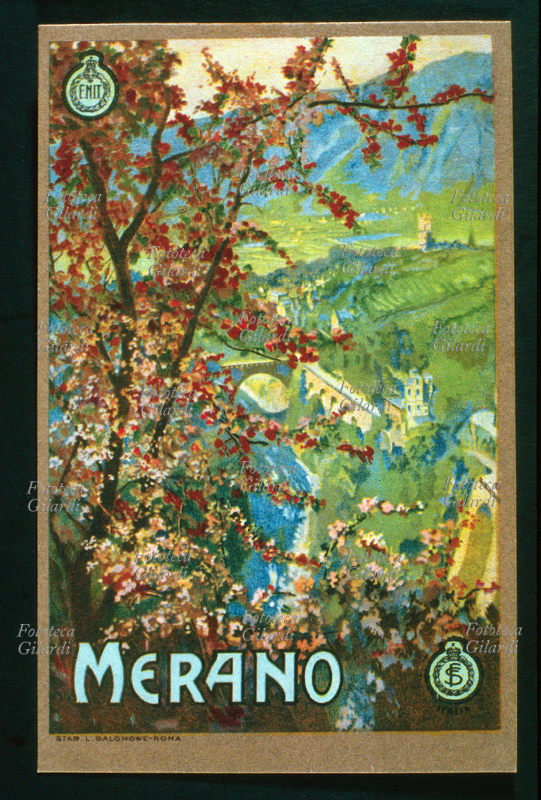 MERANO veduta panoramica attraverso un pesco fiorito. Cartolina cromolitografica a cura de E.N.I.T. (Ente Nazionale Turismo Italiano), Roma 1900 circa