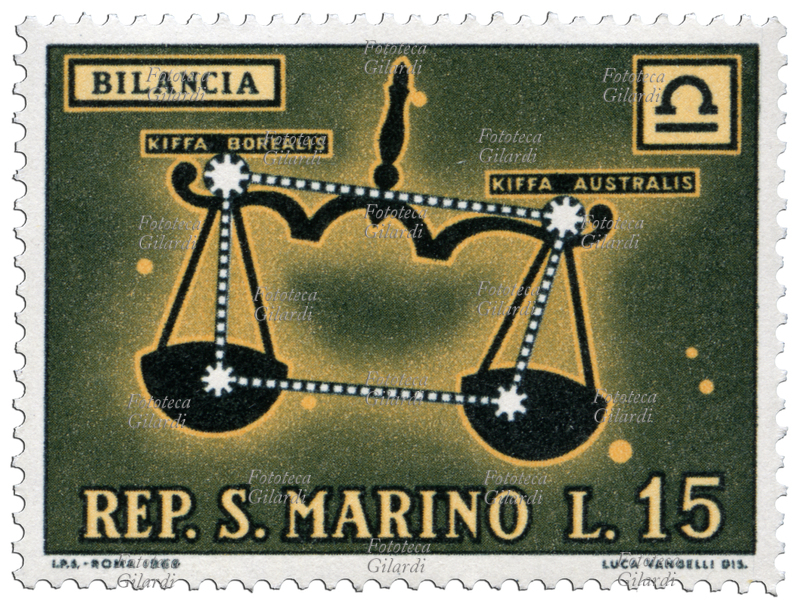 ZODIACO Costellazione della Bilancia, raffigurazione con il simbolo astrologico e le stelle principali Kiffa borealis e Kiffa australis. Francobollo di una serie emessa dalle Poste sammarinesi rappresentante i segni dello Zodiaco. Disegno di Luca Vangelli, tipo di stampa: fotoincisione, valore nominale L. 15. Repubblica di San Marino, emissione 18 febbraio 1970