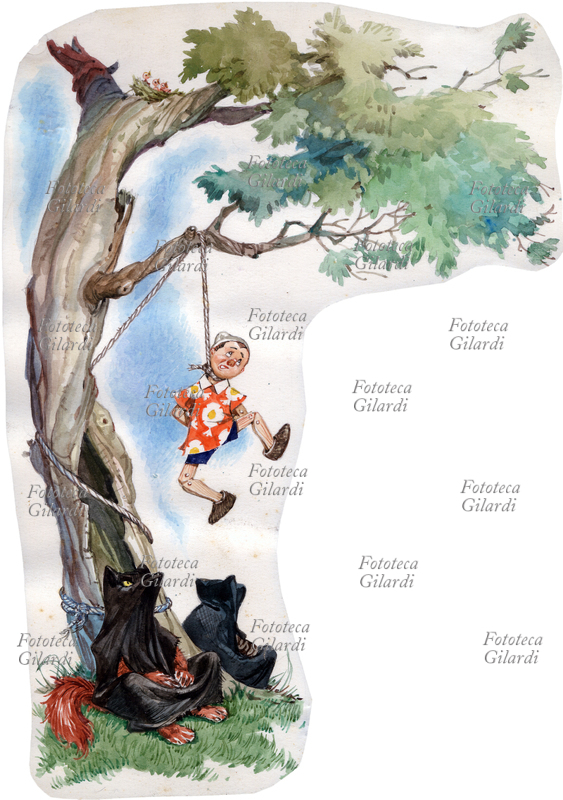 Carlo COLLODI (Carlo Lorenzini, 1826-1890) Pinocchio impiccato alla grande quercia, ingannato dal gatto e la volpe, che ne attendono la morte seduti ai piedi dell\