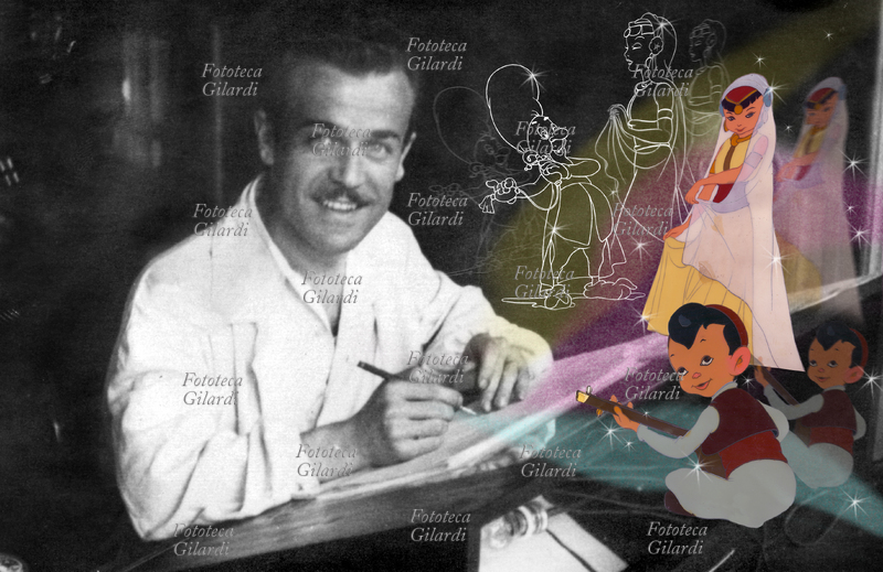 Libico MARAJA (1912-1983) pittore, disegnatore e illustratore, al tavolo luminoso, attorniato dai protagonisti del lungometraggio animato \