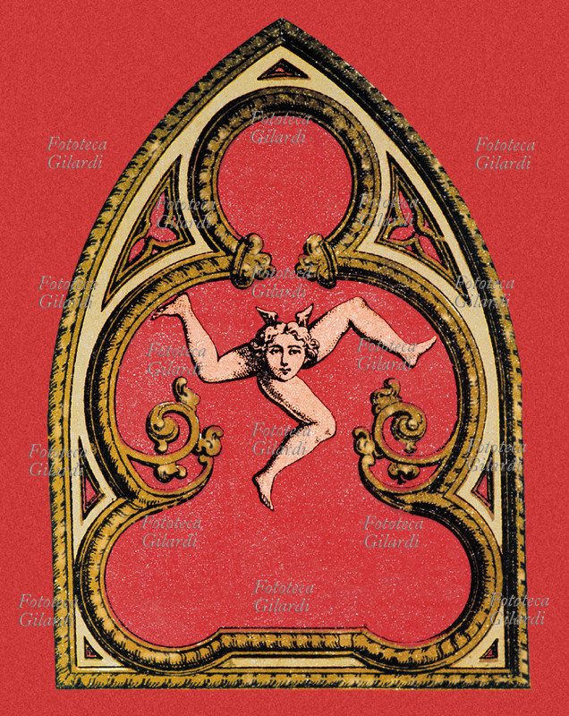 SICILIA raffigurazione della Trinacria, simbolo della Sicilia, stampa cromolitografica XIX secolo