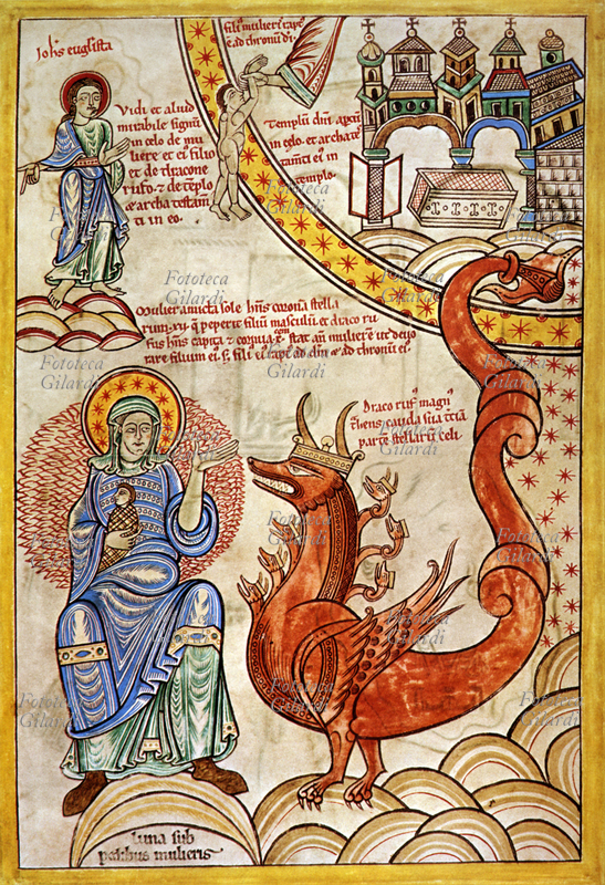 APOCALISSE La Vergine e la Bestia, stampa in facsimile, miniatura da una edizione tedesca dell\