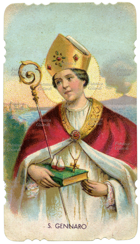 SAN GENNARO Raffigurazione del Santo in veste ecclesiastica. Con le mani regge il bastone pastorale e un libro su cui sono appoggiate le ampolle che raccolgono il sangue ancora oggi protagonista del miracolo. Nel 305, durante la persecuzione di Diocleziano, Gennaro, vescovo di Benevento, venne decapitato presso le solfatare di Pozzuoli. Una donna raccolse il suo sangue in due ampolle delle quali si perse traccia. Un secolo dopo, nel 431, in occasione della traslazione delle reliquie del Santo da Pozzuoli a Napoli, un\