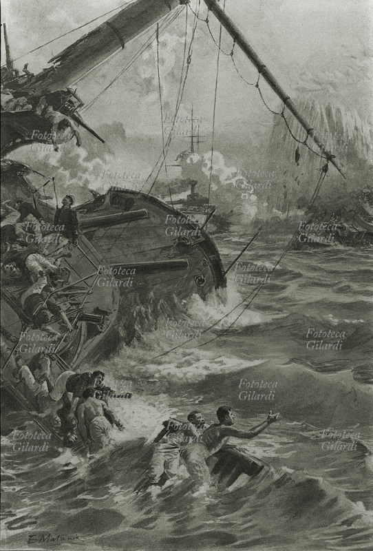 GUERRA RUSSO GIAPPONESE Battaglia navale di Tsushima (stretto di Corea). La flotta giapponese affonda la corazzata russa Kmaz Suvaroff. 27 maggio 1905
