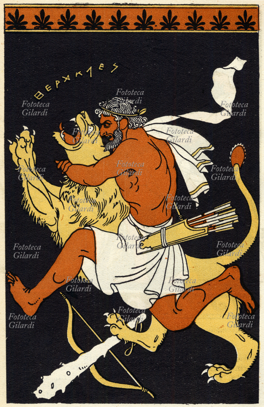 MITOLOGIA Ercole uccide il leone di Nemea, e porta la sua pelle come trofeo, una delle dodici fatiche di Ercole. Illustrazione di Vsevolode Nicouline e Giannina Lavarello, per il volume \