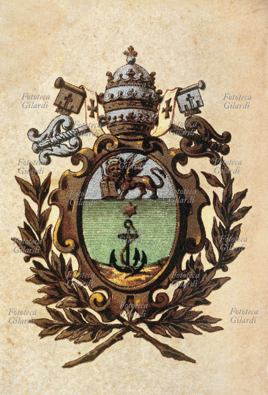 VATICANO lo stemma di Papa Pio X (Giuseppe Sarto), il cui pontificato durò dal 1903 al 1914. Gli elementi veneziani sono dovuti al fatto che egli, quando fu eletto Papa, era il patriarca di Venezia. Cromolitografia. Italia Roma 1903.