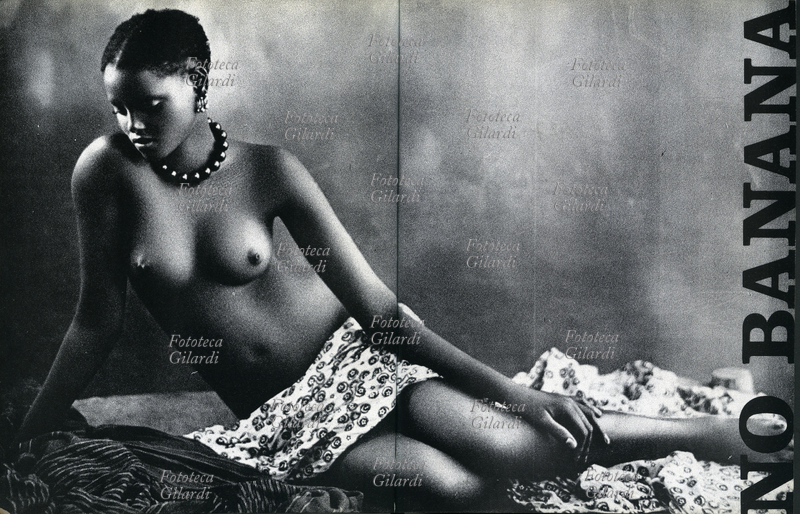 PHOTOTECA "No banana", double page 82/83 from the monograph "White & Black" dedicated to the images of colonialism, missions and exploration. Volume of the series of monographs on the great themes of the representation directed by Ando Gilardi and Roberta Clerici, published quarterly on a graphic project by Giancarlo Iliprandi. Year IV, n. 12, Milan, September 1983.