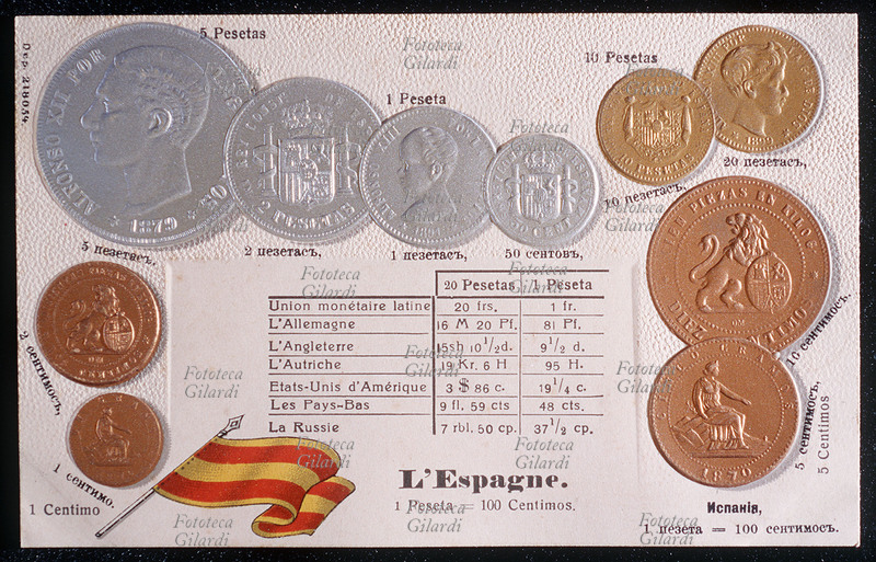 MONETE in corso in Spagna: Peseta, Centimos. (1 peseta= 100 centimos). Cromolitografia su carta goffrata dalla serie \