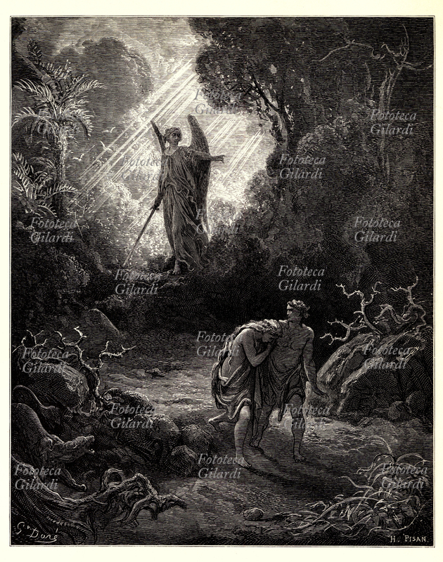 Gustare DORÉ (1832-1883) Bibbia Adamo e Eva cacciati dal Paradiso Terrestre, alle loro spalle la Luce Divina dell\