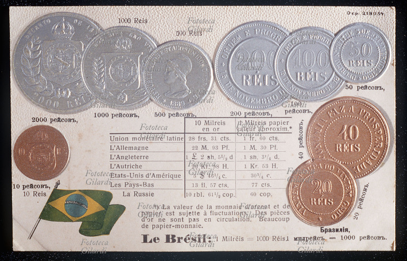 COINS running in Brazil: Reis, Milreis. (1 milreis = 1000 reis). Chromolithography on embossed paper from the \