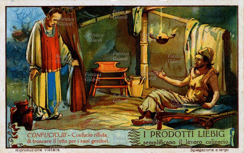 CONFUCIO (551 a.C.479 a.C.) rifiuta di troncare il lutto per i suoi genitori, previsto dalla legge per un periodo di tre anni, esortato a tralasciarlo dal suo discepolo Tsai-Wo. Cromolitografia, figurina Liebig: \