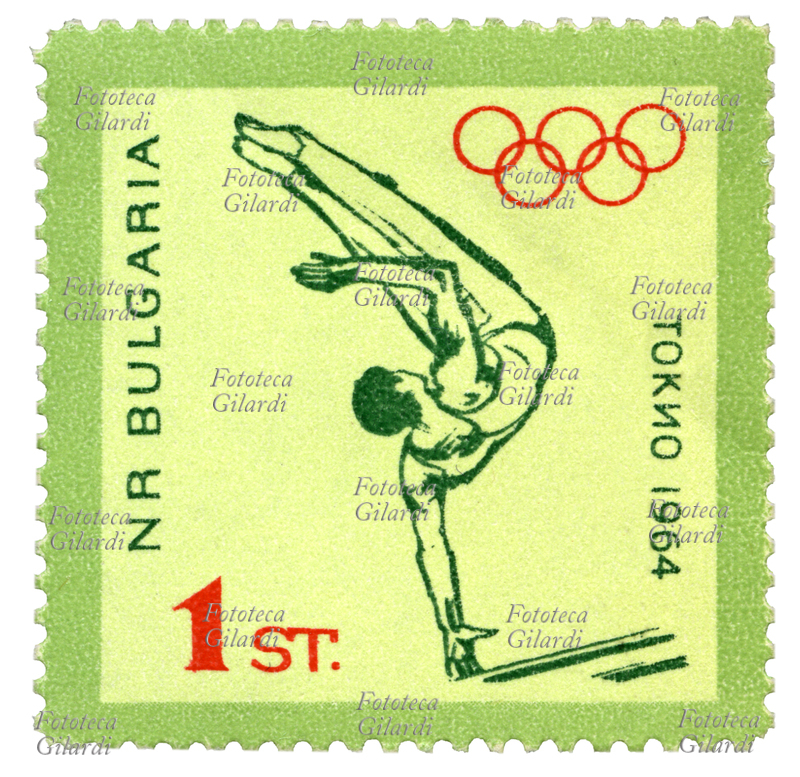 GINNASTICA ARTISTICA MASCHILE Francobollo della serie "Giochi Olimpici Tokyo 1964" emessa dalle poste bulgare. Nella vignetta un atleta in volteggio alle parallele simmetriche. Valore nominale 1 stotinka, offset. Bulgaria, emissione 10 ottobre 1968