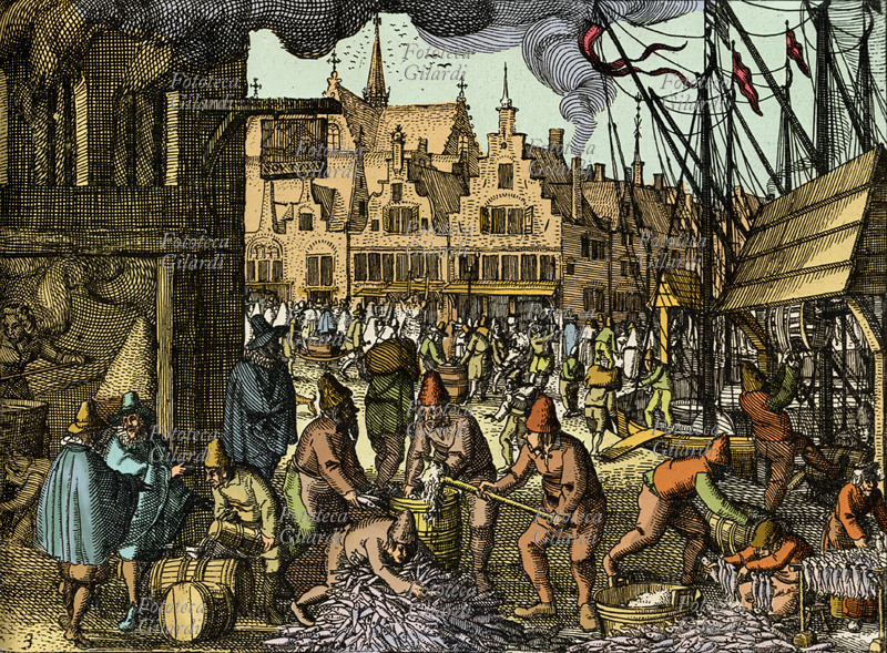 COMMERCIO Olanda, la salatura delle aringhe. Decoro ai margini di una carta geografica di Claes Jansz, 1608