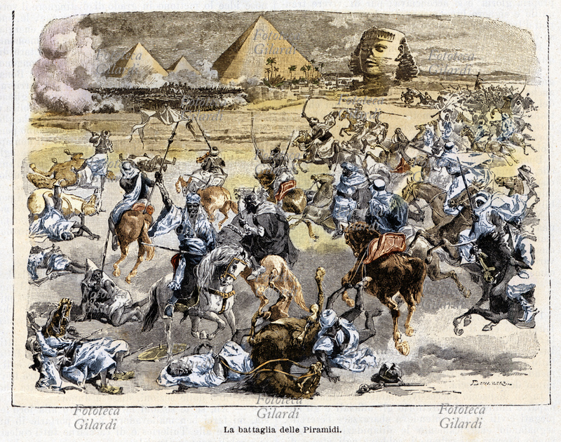 Napoleon BONAPARTE (1769-1821) in Egypt: The Battle of the Pyramids, fought July 21, 1798 between the French army in Egypt under the leadership of Napoleon Bonaparte and the forces of neo-Mamluk conducted by Murad Bey and Ibrahim Bey. Etching by Antonio Bonamore (1845-1907), from "History of Napoleon" De Norvins, Edward Sonzogno publisher, Milan 1893