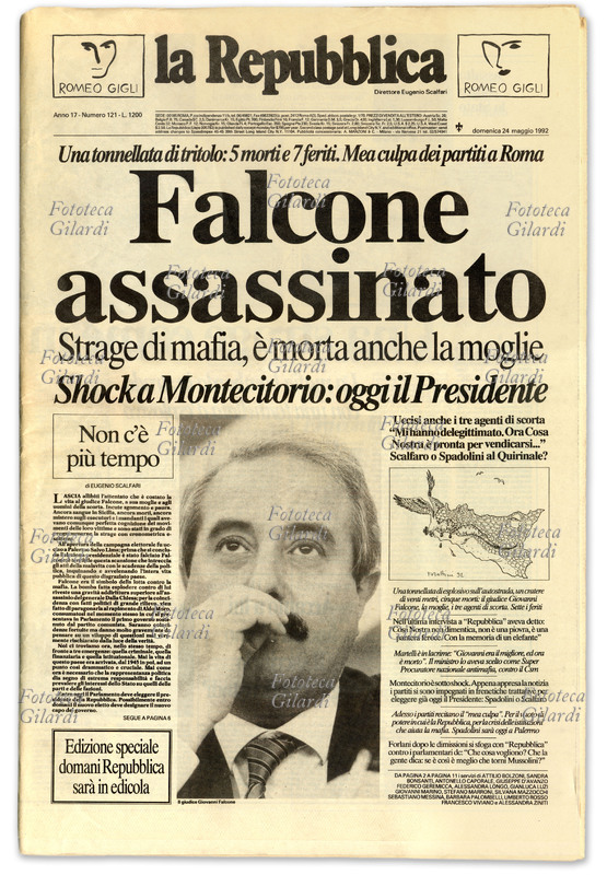 MAFIA Falcone assassinato - strage di mafia, è morta anche la moglie. Prima pagina del quotidiano \