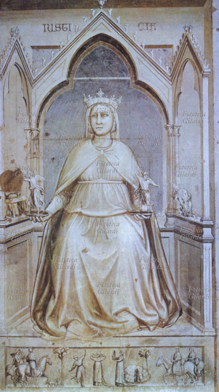 GIOTTO (1267 – 8 gennaio 1337) Allegoria della Giustizia in trono. Incoronata, regge i due piatti della bilancia, su cui posano: a destra un angelo armato di spada per punire i colpevoli e a sinistra un altro angelo che incorona un onorevole. Affresco, Padova 1304-1306.