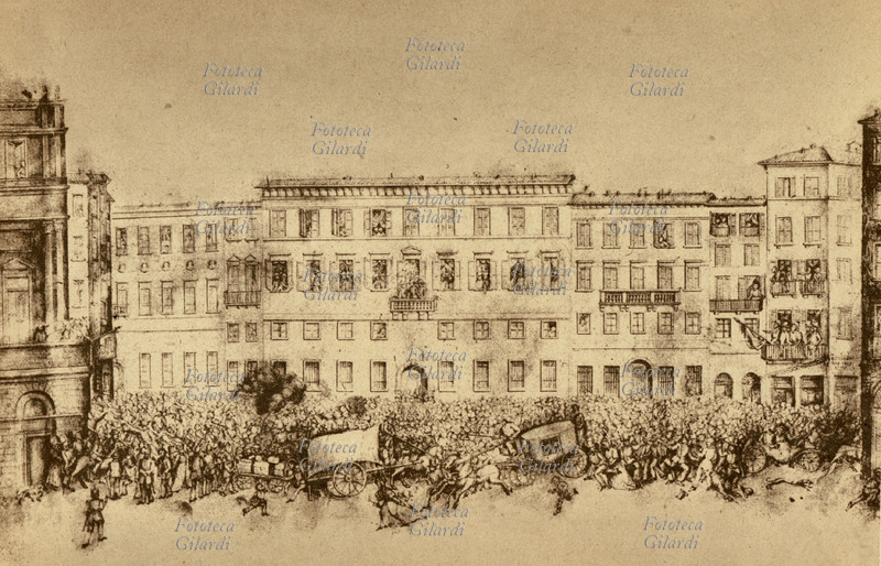 MILANO Carlo Alberto di Savoia, pronuncia il discorso da palazzo Greppi ai milanesi in cui annuncia la capitolazione della città agli austriaci, conclusa dagli inviati del re al Quartier Generale: 5 agosto 1848. Disegno dell\