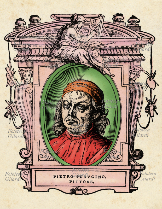 Il PERUGINO (1448 circa - febbraio 1523), o Pietro Perugino, pseudonimo col quale è meglio noto Pietro di Cristoforo Vannucci, pittore italiano. Attivo a Roma, Firenze e Perugia, nella città toscana e in quella umbra mantenne contemporaneamente operanti per un ventennio due apprezzatissime botteghe. Il ritratto in ovale è racchiuso in una cornice decorata con figure allegoriche e strumenti delle arti. Illustrazione colorizzata su base xilografica del XVI secolo, dal trattato \