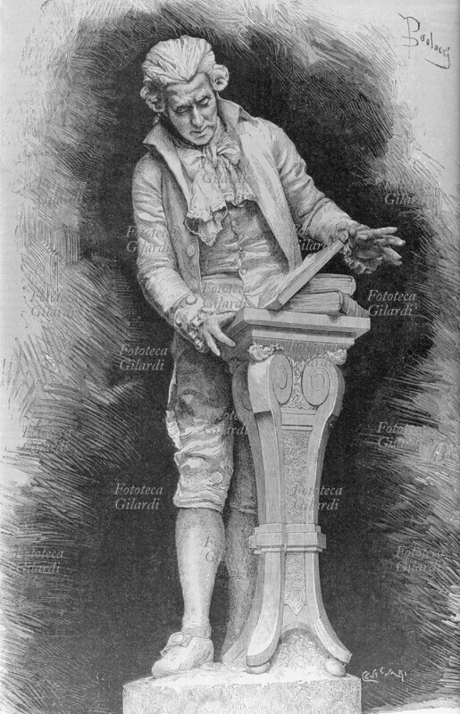 Luigi GALVANI (9 September 1737 – 4 December 1798) anatomist, physicist, discoverer of biological electricity. The statue of Adalberto Cencetti (20 June 1847 – 4 November 1907) in Bologna (1879) in an engraving by Dante Paolocci (1849 - 23 June 1926). Italy, 19th century.