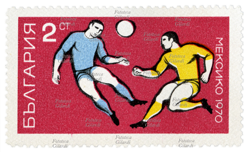 CALCIO Francobollo della serie "Mondiali di calcio" emessa dalle poste bulgare per commemorare il campionato mondiale di calcio, o Coppa del mondo Jules Rimet, disputato in Messico dal 31 maggio al 21 giugno 1970. Questa è stata l\