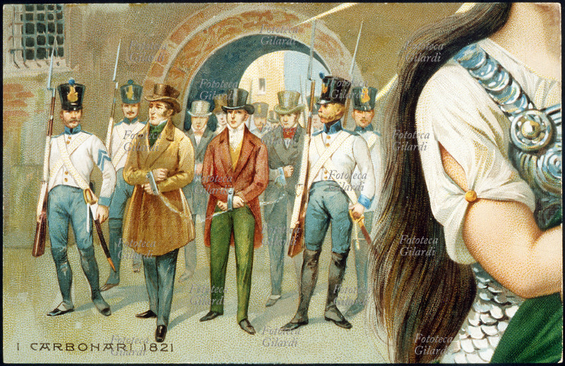 ITALY the carbonari, 1821. Series of 10 commemorative illustrated postcards celebrate the 50° anniversary of the proclamation of the Reign of Italy. “Revived Italy”, illustrations of painter Columbus for the Guarneri competition. Cromolitografia, Publishing House Guarneri, Milan 1911 (3/10)