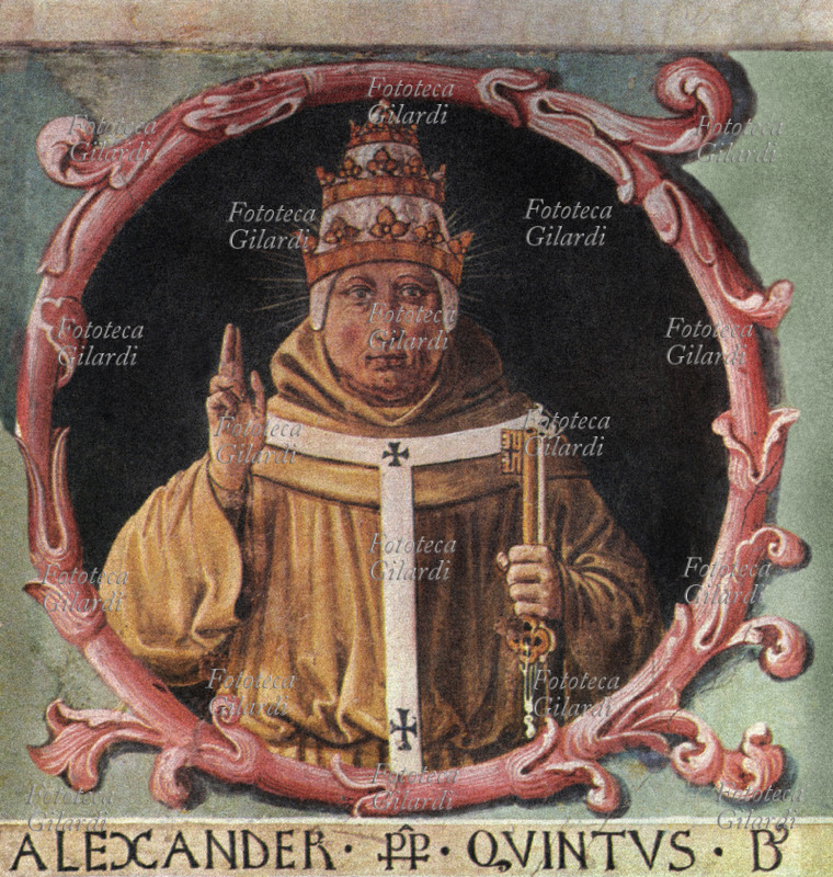 ALEXANDER V (1339 – 3 May 1410), born Pietro Filargo, was elected Pope in 1409 during the Council of Pisa, which declared Popes Benedict XIII of Avignon and Gregory XII of Rome schismatics and heretics. Print of a fresco by Benozzo Gozzoli (1420 – 4 October 1497), Italy, 19th century.