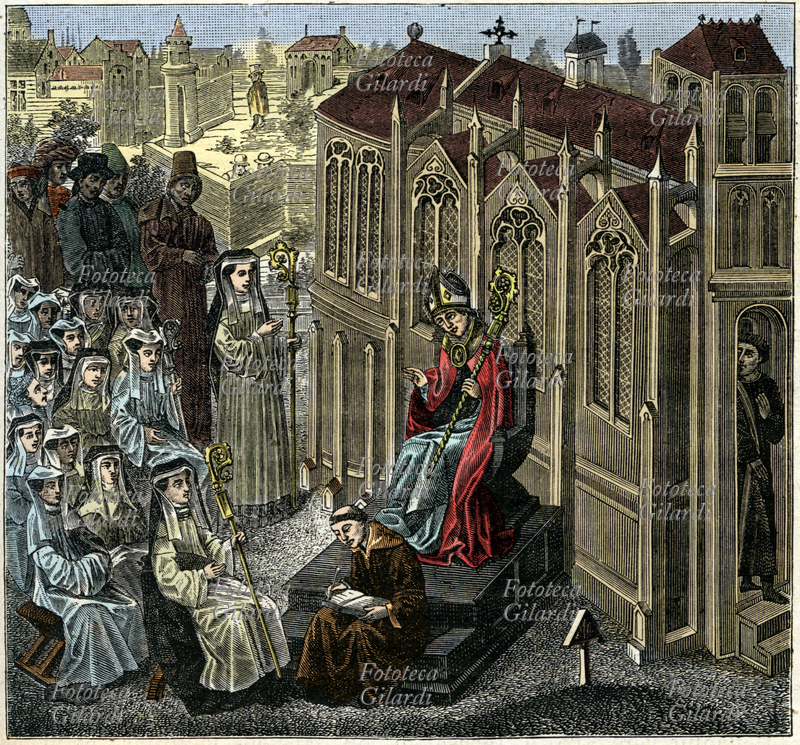 ABBAZIA DI NIVELLES Abbazia di Nivelles, monastero femminile fondato attorno al 650 dalla moglie di Pipino di Landen maggiordomo di Austrasia, santa Itta, e del quale fu prima badessa la loro figlia Gertrude di Nivelles (Landen, 626 circa - Nivelles, 17 marzo 664). La stampa raffigura una miniatura dalle "Chroniques de Hainaut", ms. del XV secolo. Le canonichesse si incontrano a Nivelles, dove Walcand, vescovo di Liegi (810-832 o 836), promette di dare un codice di regole. Incisione colorata, Belgio XVI secolo