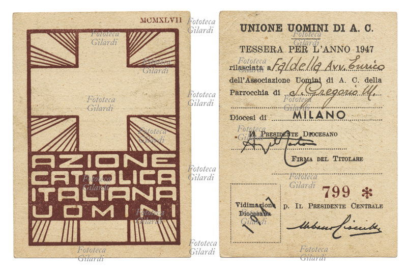 AZIONE CATTOLICA tessera unione uomini di Azione Cattolica; visione del fronte e del retro. Intestazione Faldella Avv. Enrico. Milano, 1947