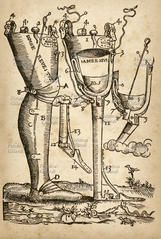 Ambroise PARÉ (15091590) Gambe artificiali progettate principalmente per cavalieri a cavallo. Il medico-chirurgo francese, considerato il padre della chirurgia moderna, innovatore della tecnica per eseguire le amputazioni degli arti, applicò i suoi nuovi principi per le menomazioni causate da esplosivi e armi da fuoco, che si stavano diffondendo in quell\