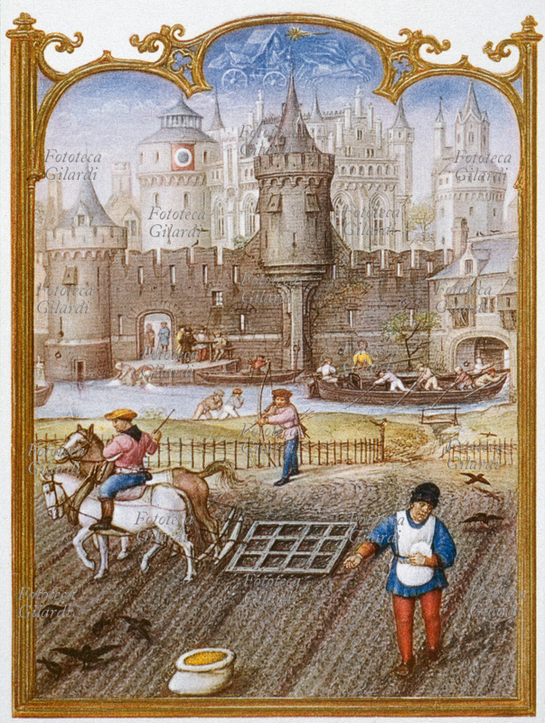 OTTOBRE La semina nei solchi e la copertura del seme nella campagna circostante la città, che è circondata da un fossato percorso dal traffico fluviale; quadro di impronta naturalistica che ritrae la vita quotidiana dell\