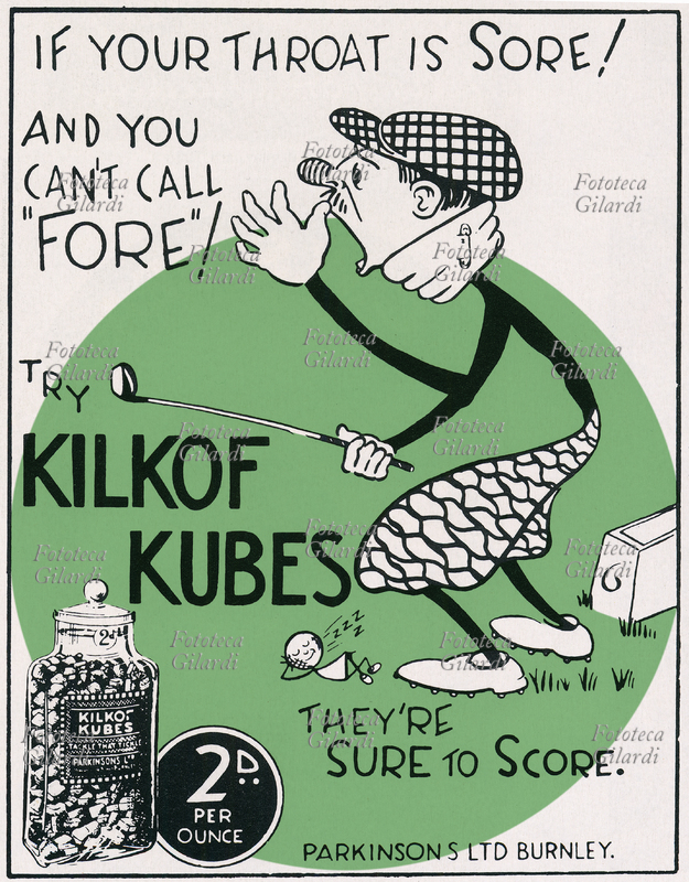 SPORT Caricatura di giocatore di golf con slogan in rima in una pubblicità di caramelle per la gola. "If Your Throat is Sore! and You can\