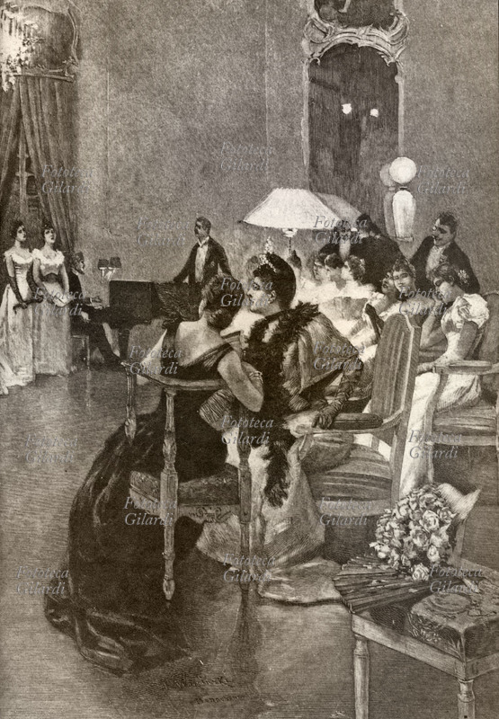 BORGHESIA concerto in una casa borghese tedesca, Lipsia, stampa di anonimo del XIX secolo
