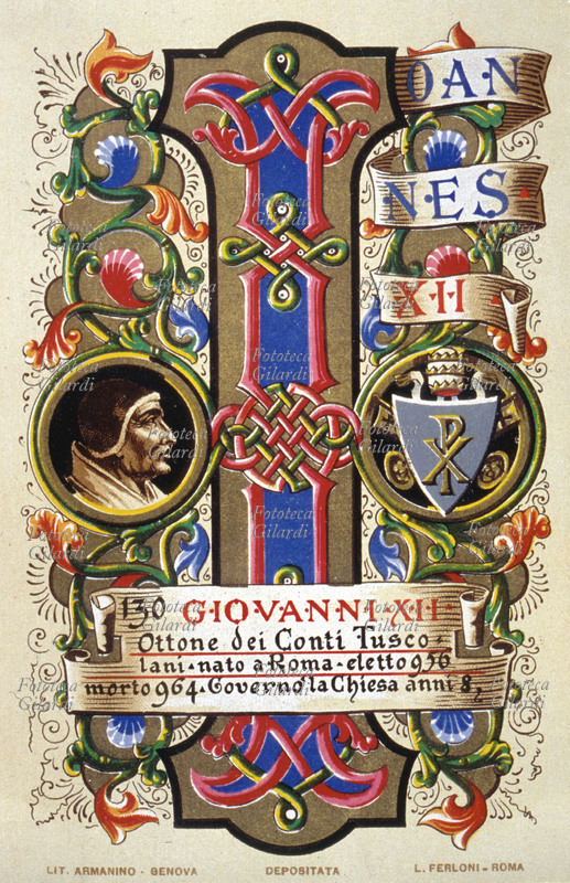 PAPA GIOVANNI XII, Ottone dei Conti Tuscolani, nato a Roma, eletto nel 956, morto nel 964. Governò la Chiesa per 8 anni. Da serie cromolitografica dedicata a Papa Pio X e da Lui benedetta. Roma, 1903