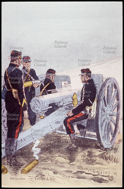 UNIFORMI Francia: Artiglieria, scuola di fuoco. Allievi presso un cannone. Litografia acquarellata su disegno di Maurice Foussaint, 1909