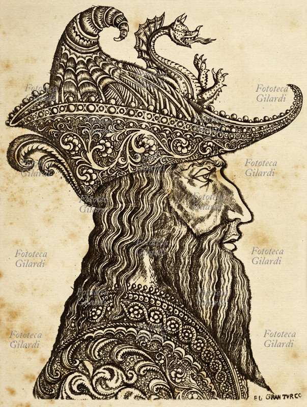 POLLAIOLO (Antonio Benci, detto il 1431-1498) Il Gran Turco. Incisione al bulino dal disegno, 1460 circa