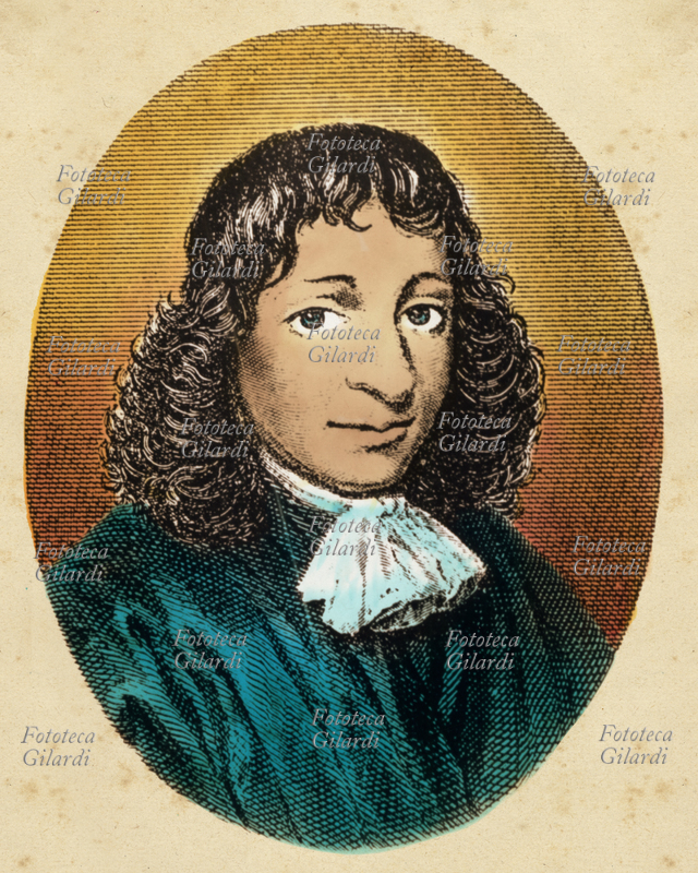 Baruch SPINOZA (24 novembre 1632- 21 febbraio 1677) filosofo di Amsterdam, originario di una famiglia di ebrei profughi dal Portogallo. Escluso nel 1656 dalla comunità ebraica visse dedito alla meditazione filosofica. Stampa colorata, XVII secolo