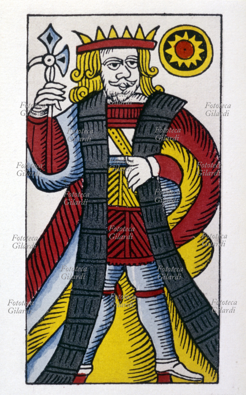 CARTE DA GIOCO Re di denari. Figura da mazzo spagnolo che porta, in una delle carte, la dicitura \