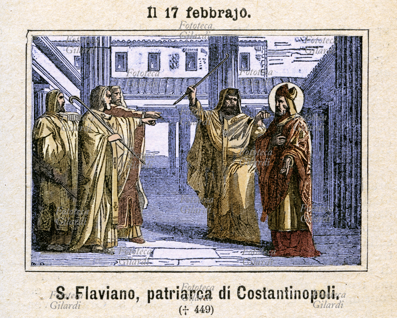 San FLAVIANO (? - 17 febbraio 449) patriarca di Costantinopoli, si trovò a dirimere una disputa teologica che contrapponeva il monofisismo del potente monaco Eutiche, sostenuto dall\