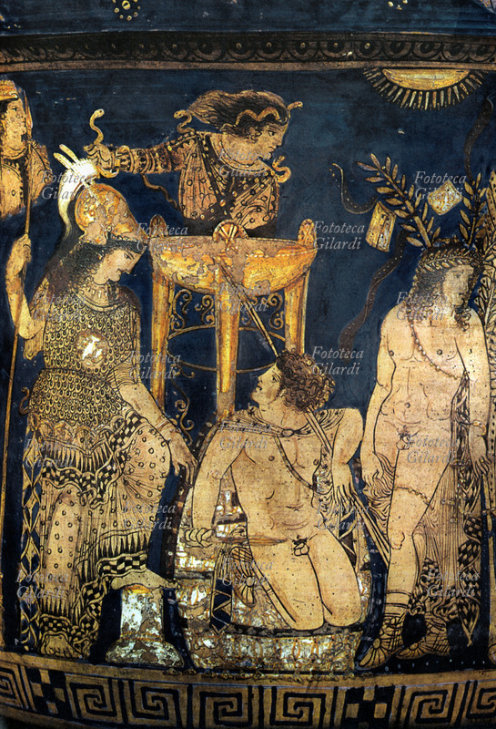 AESCHYLUS (525 ca. - 456 a.C.) scene from “the Eumenidi”. It is the final part of the tragedy: Oreste, to the knelt down center, attends the sentence on its crime. To Apollo right it exhorts it, on the left Athena is prepared for the judgment. The goddess Athena protect it from the Furies (or Erinni) that they chase it with the rimorso for its matricidio. Listened to the accusations and discolpe of both the parts, the goddess decides to put again the judgment to a court from constituted same she: the court dell  Aeropago (in order to judge the crimes of blood) that it will remain eternal protection of the justice. The process takes place: the matricida it is acquitted thanks to the parity of the ballots reached with that favorable one of Athena. The Erinni are aggravated by the verdict, but they come quickly appeased from the goddess, which assures they a cult and honors in the city of Athens. The tremendous goddesses, become benevolent transform themselves in Eumenidi and are accompanied by the festante people towards the new dwelling destined basement to their cult. Vascular painting of Orestes di Delfi, YOU sec. a.C.