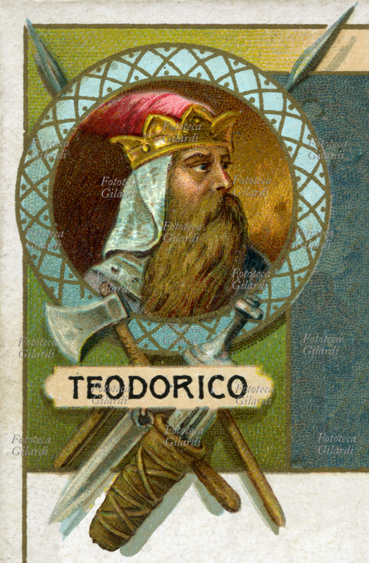 THEODORIC the Great (12 May 454 - 30 August 526), king of the Ostrogoths since 474, patrician of Italy since 493, second of the barbarian kings of Rome. Dropped into Italy with the support of the Eastern Roman Emperor Zeno, he defeated Odoacre and began a long reign described as peaceful by most historians. Detail from Liebig figurine, chromolithography, Italy 1905