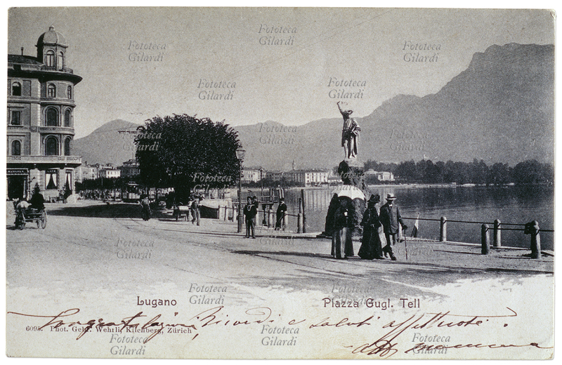 LUGANO Veduta del lungolago, Piazza Guglielmo Tell Cartolina fotocollografica, 1900 ca.