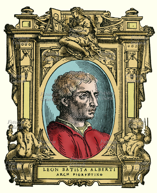 Leon Battista ALBERTI (1406-1472) Filosofo, architetto, musicista, pittore e scultore italiano. Il ritratto in ovale è racchiuso in una cornice decorata con putti che reggono gli strumenti dell\