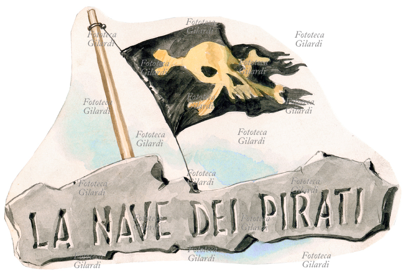 James Mattew BARRIE (1860-1937) la Nave dei Pirati - insegna con bandiera nera - illustrazione di Libico Maraja (1912-1983) pittore, disegnatore e illustratore, per i racconti \
