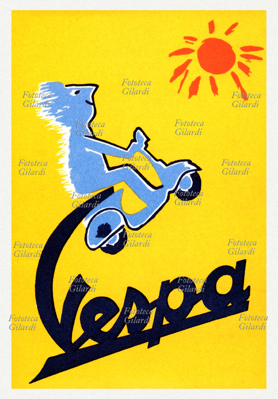 TRANSPORT advertisement for the Vespa Piaggio scooter designed by Raymond Savignac (6 November 1907 – 29 October 2002), Italy 1955. © Raymond Savignac / work under SIAE protection to clear copyright in Italy contact: SIAE visual arts licenses