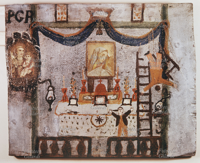 EX VOTO Tavoletta dipinta ad olio raffigurante un incidente avvenuto in una chiesa. Il miracolato, cade da un\