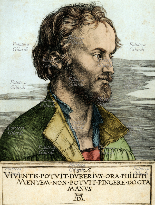Filippo MELANTONE (16 febbraio 1497 - 9 aprile 1560), nome italianizzato di Philippus Melanchthon nato Philipp Schwarzerdt, umanista e teologo tedesco, amico personale di Martin Lutero e uno dei maggiori protagonisti della Riforma protestante. Incisione di Albrecht Durer, Germania 1526 versione colorizzata